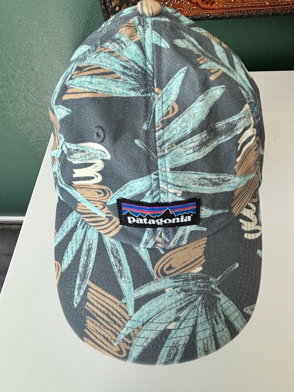 Patagonia Teal Leaf Print Baseball Cap with Tan Accents